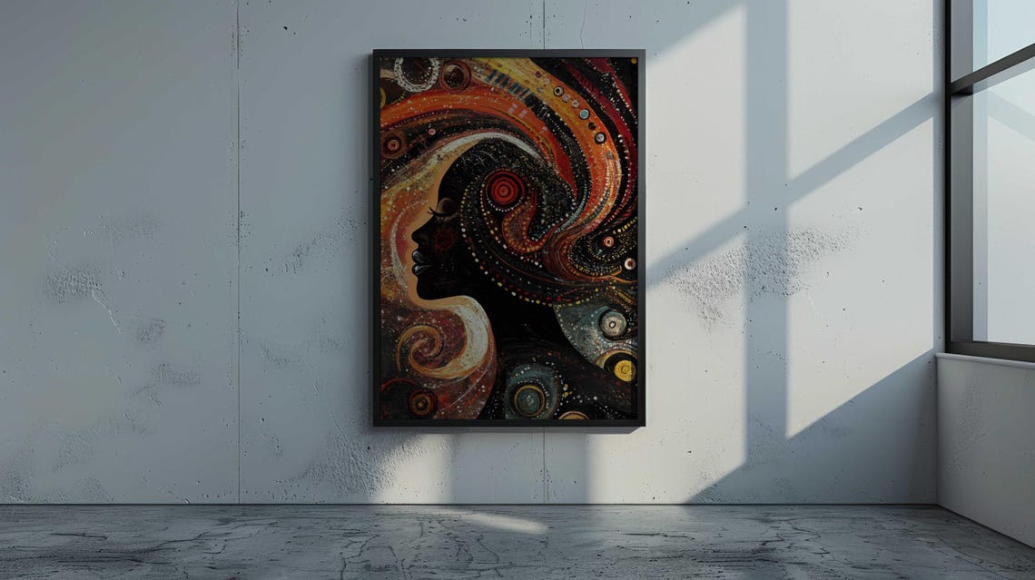 Woman Profile Swirling Dot Art Cosmic Red Orange Black Spiral Poster - Image 4
