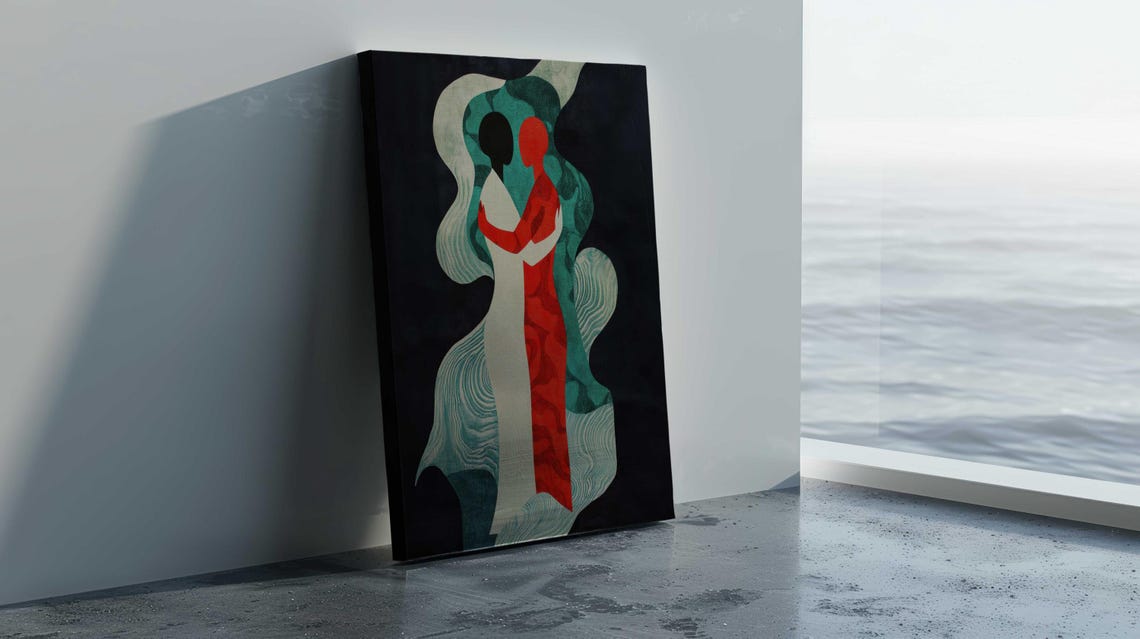 Embracing Couple Red White Figures Teal Waves Dark Wall Poster - Image 2