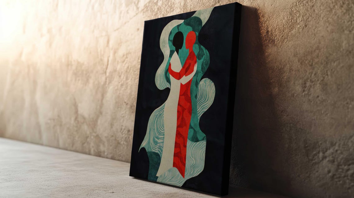 Embracing Couple Red White Figures Teal Waves Dark Wall Poster