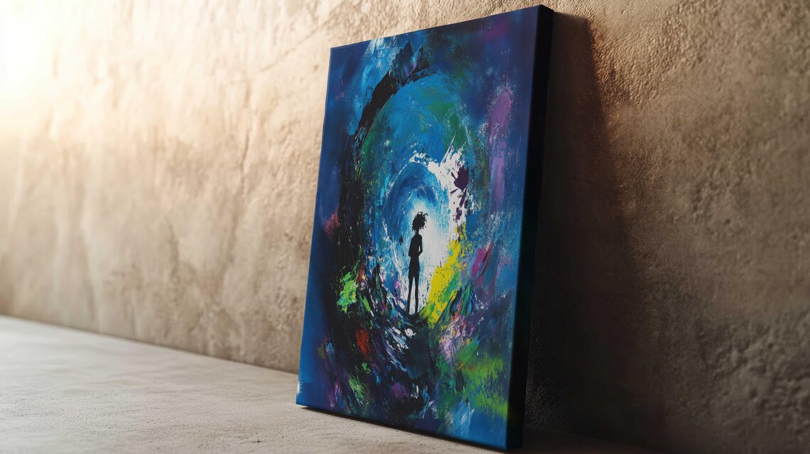 Abstract Figure Standing In Blue Vortex Swirl Tunnel Art Print Poster - Image 3