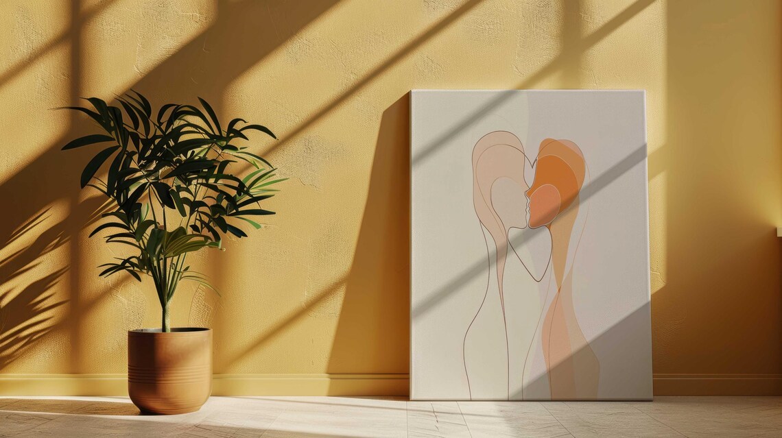 Minimalist Line Art Couple Heart Face Modern Beige Wall Poster