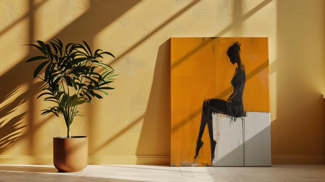 Seated Woman Black Silhouette Bold Yellow Modern Art Print Poster - Image 4