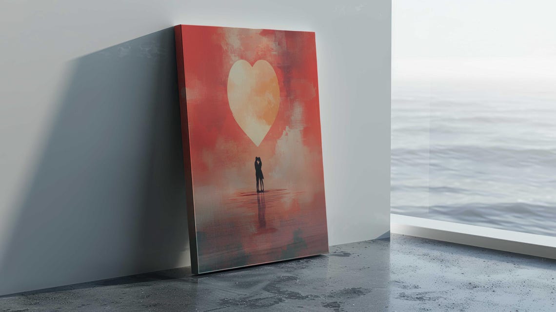Romantic Couple Silhouette Under Giant Heart Red Sky Wall Art