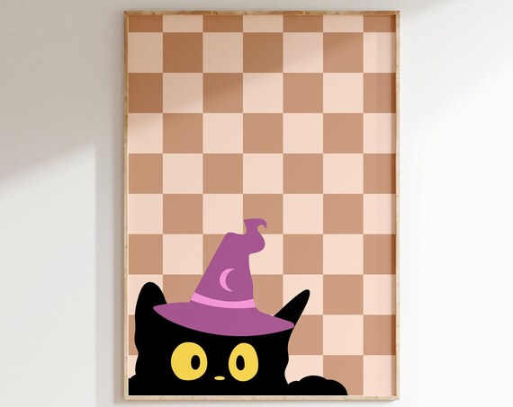 Cute Black Cat Witch Hat Yellow Eyes Checkered Halloween Poster