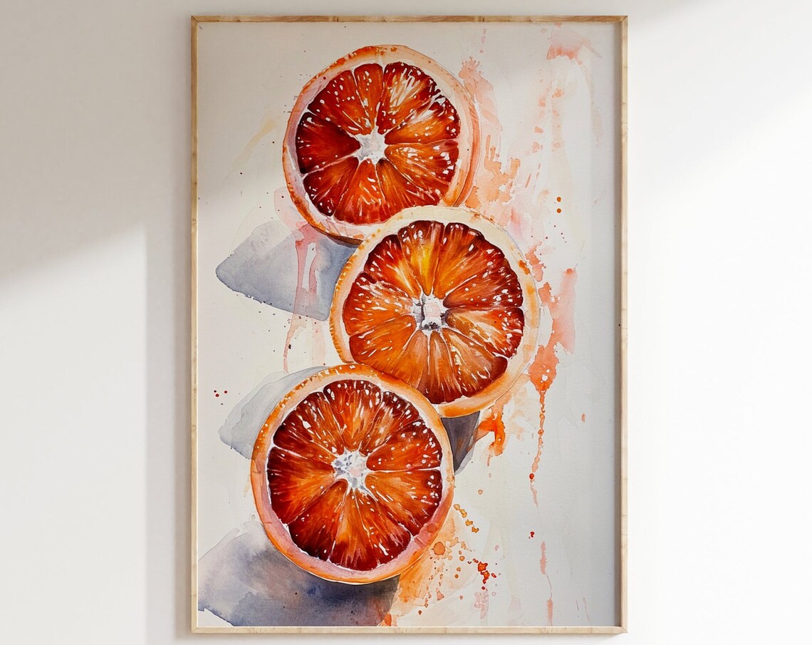 Blood Orange Slices Vibrant Watercolor Citrus Kitchen Art Poster