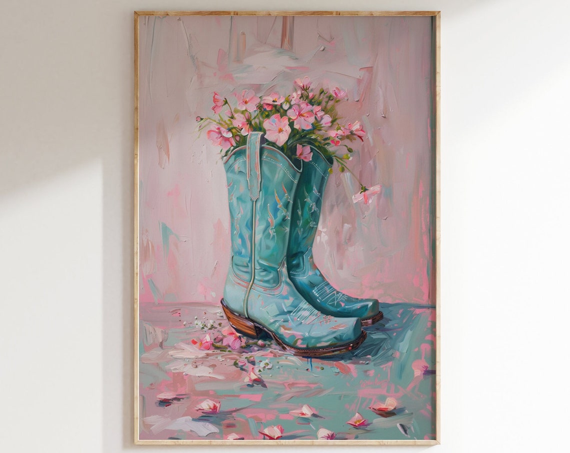 Turquoise Cowboy Boots Pink Flowers Pastel Coastal Cowgirl Poster - Image 2