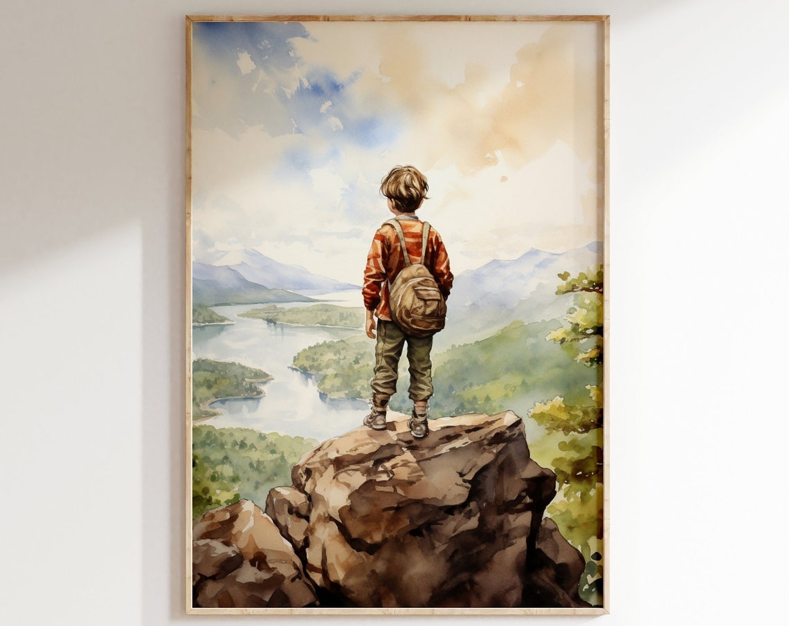 Boys Room Wall Art Nature Watercolor Painting Adventure Kids Nursery Print Wilderness Mountain Landscape Decor Artwork