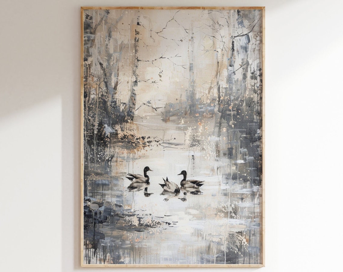 Ducks in Misty Grey Waters Abstract Neutral Vintage Wildlife Art Print