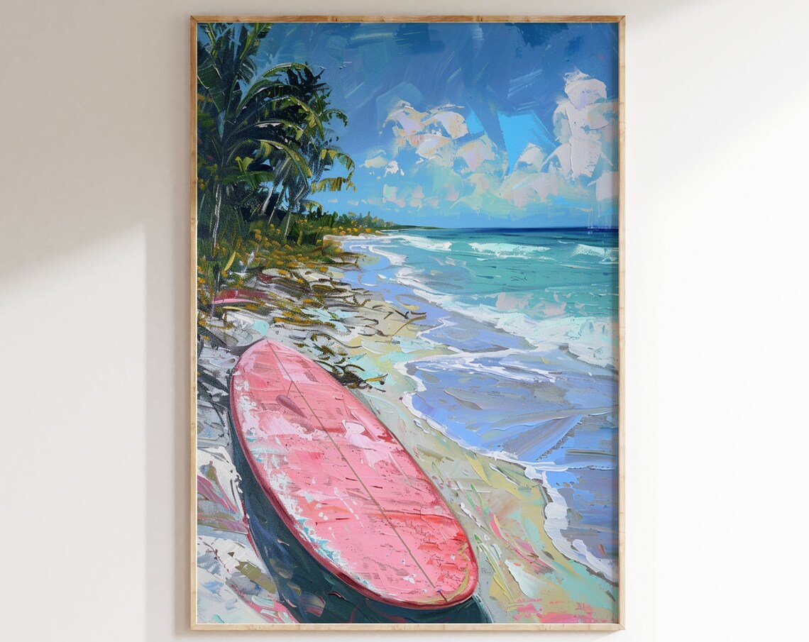 Pink Surfboard Tropical Beach Palm Trees Turquoise Surf Art Poster
