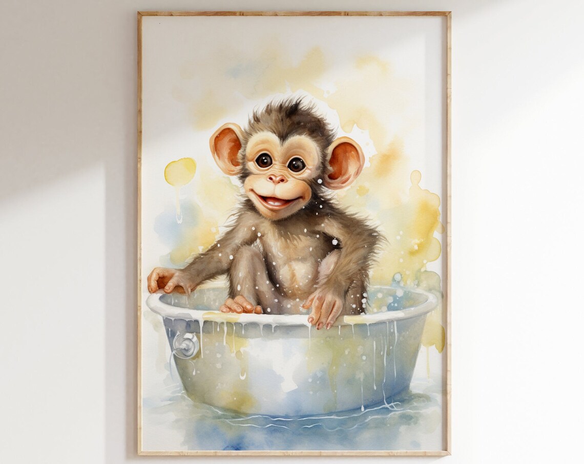 Smiling Baby Monkey In Metal Wash Tub Watercolor Nursery Wall Art