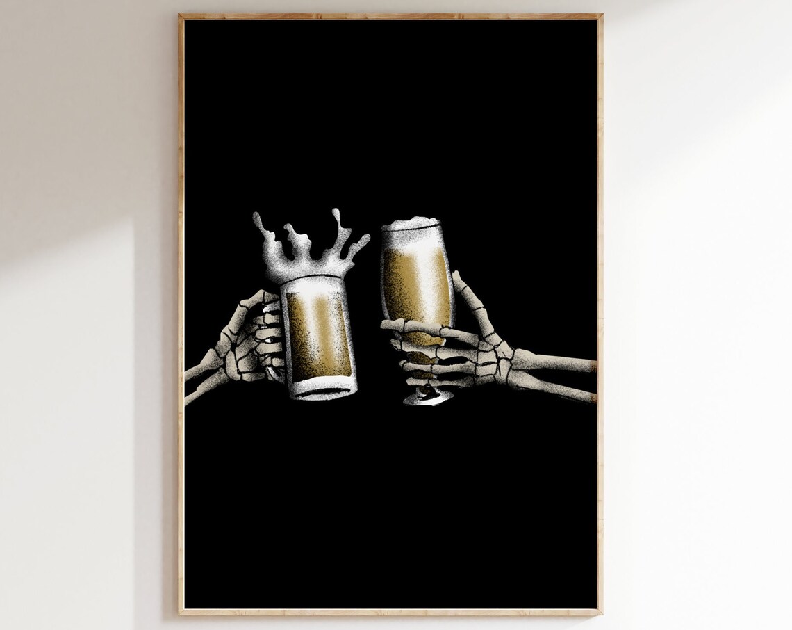 Skeleton Hands Beer Mugs Cheers Funny Halloween Bar Decor Wall Art Poster