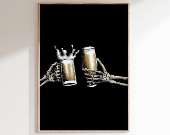 Skeleton Hands Beer Mugs Cheers Funny Halloween Bar Decor Wall Art Poster