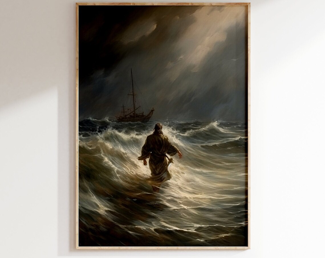 Jesus Walking On Stormy Sea Toward Ship Dramatic Christian Oil Scene Poster