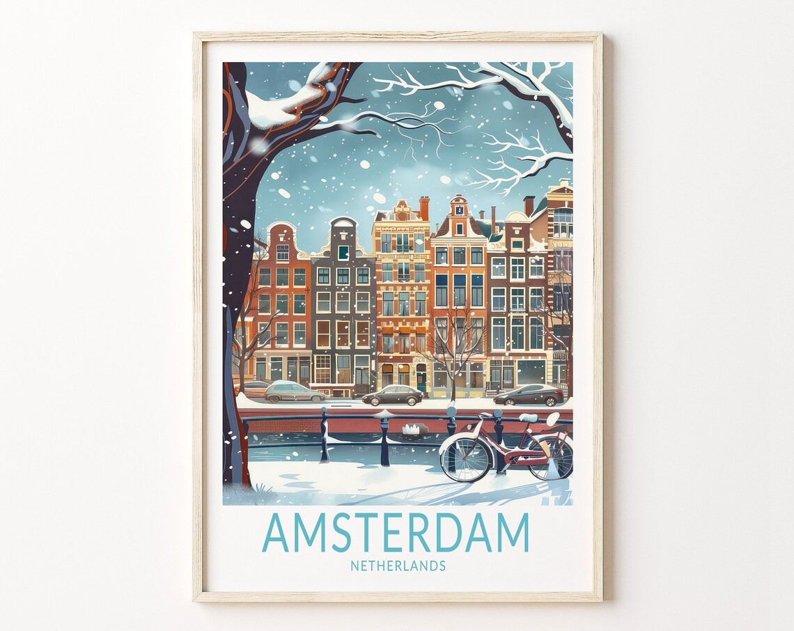 Amsterdam Snowy Winter Canal Houses Bicycle Scene Travel Poster
