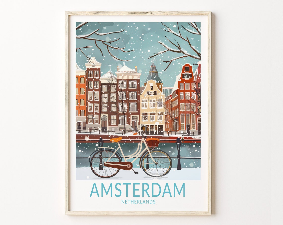 Amsterdam Winter Canal Snow Scene with Dutch Bicycle Travel Poster
