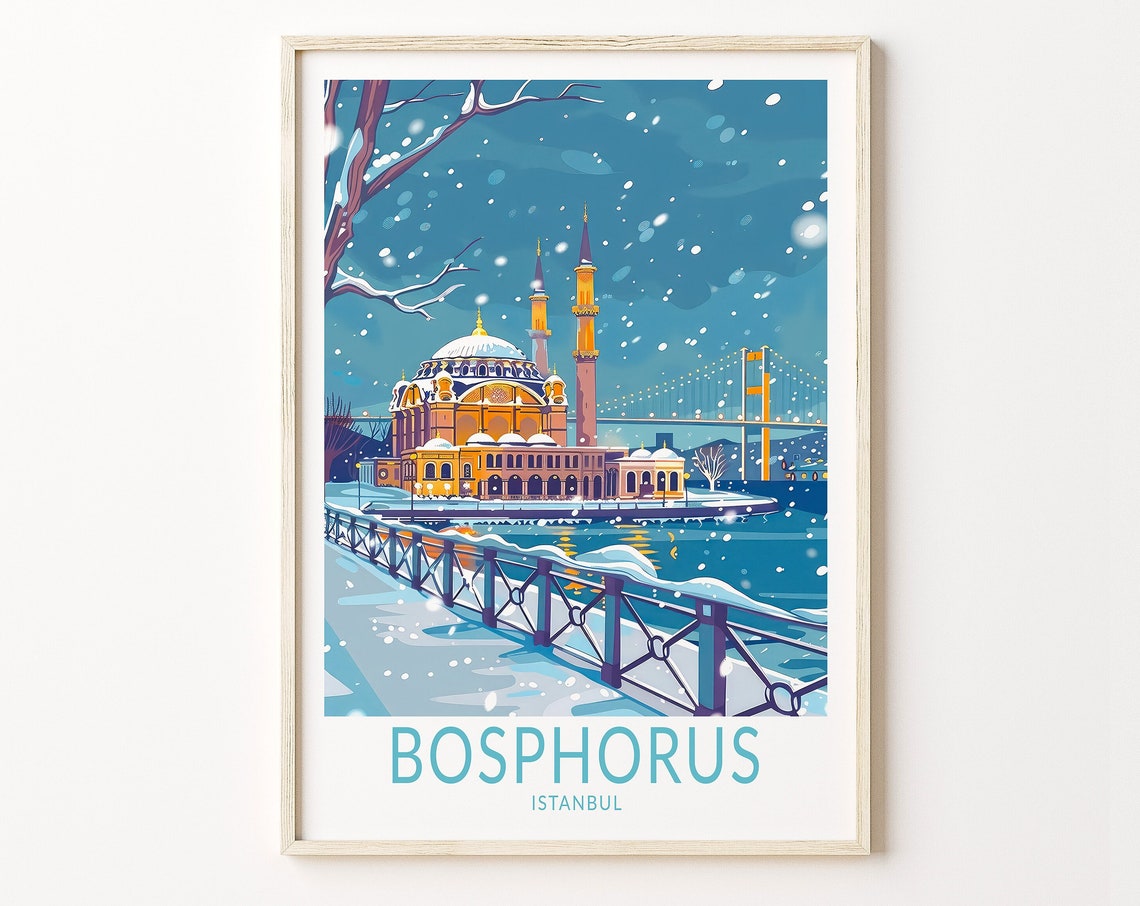 Bosphorus Istanbul Snowy Winter Mosque Bridge Vintage Travel Poster