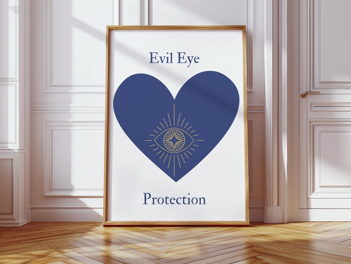 Evil Eye Protection Navy Heart Gold Spiritual Talisman Wall Art