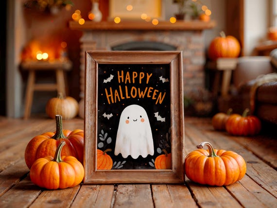 Happy Halloween Cute Ghost Bats Pumpkins Black Typography Poster