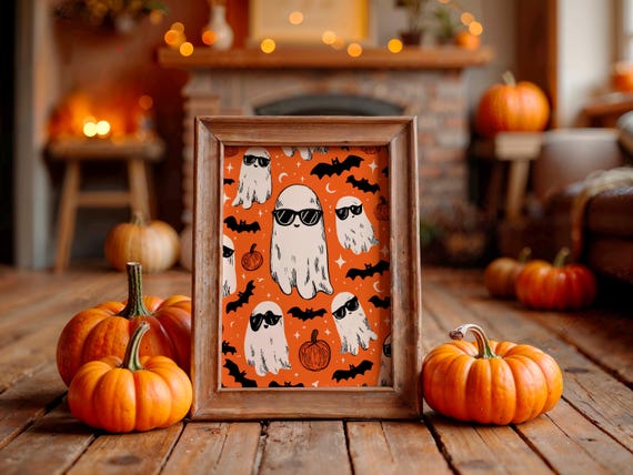 Cool Ghosts With Sunglasses on Bold Orange Pattern Halloween Poster
