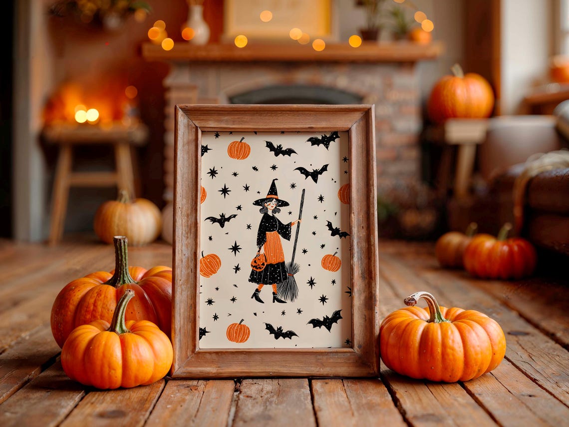 Cute Witch Girl Halloween Poster With Pumpkin Basket Broom And Bat Pattern