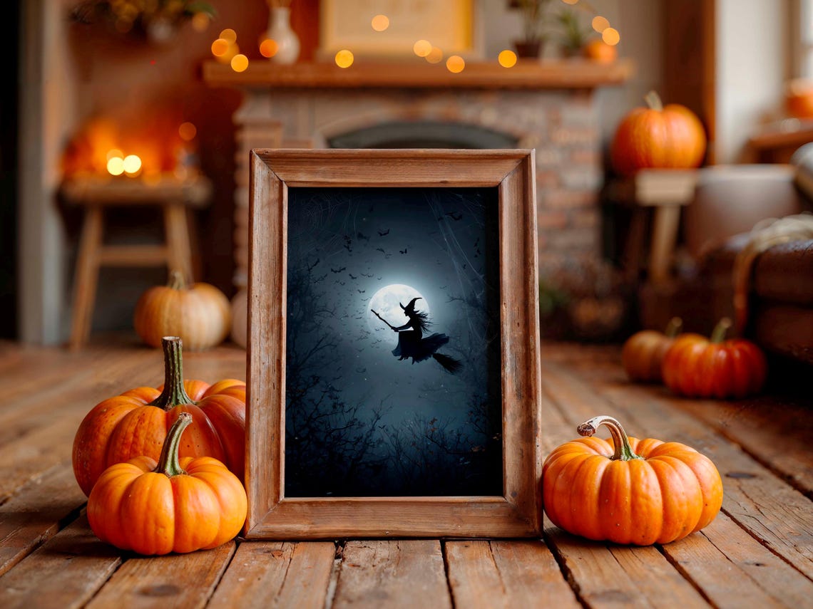 Witch Silhouette Flying Past Moon Bats Misty Night Halloween Poster