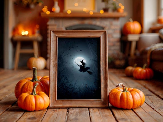 Dark Witch Flying Before Full Moon Bats Silhouette Halloween Poster
