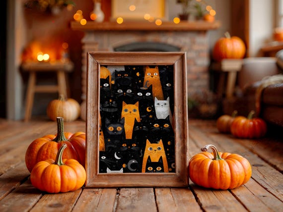 Black and Orange Cats Pattern With Moons Stars Halloween Poster