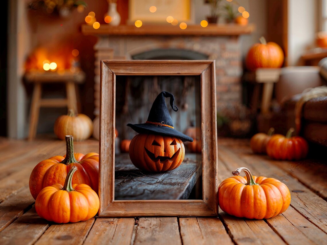 Rustic Jack-O-Lantern Wearing Witch Hat Photo Halloween Art Poster