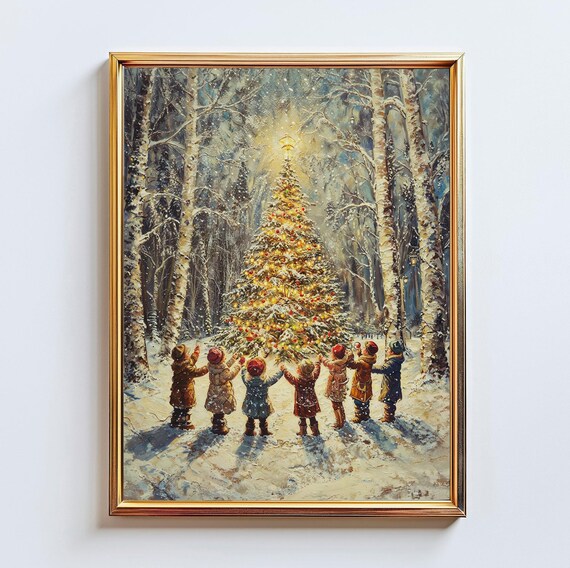 Children Decorating Outdoor Christmas Tree Snowy Forest Poster