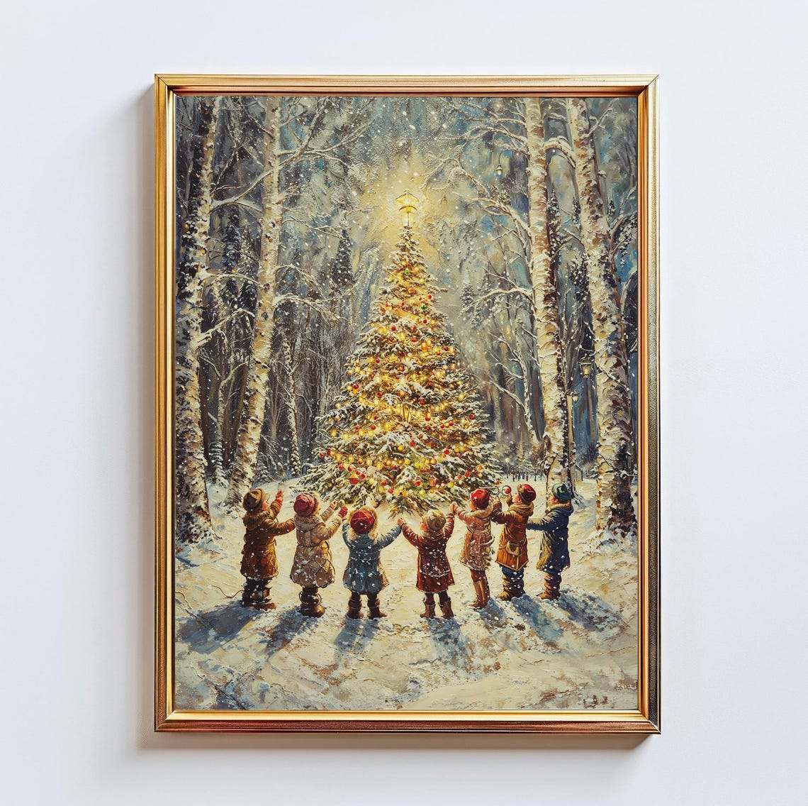 Children Decorating Outdoor Christmas Tree Snowy Forest Poster