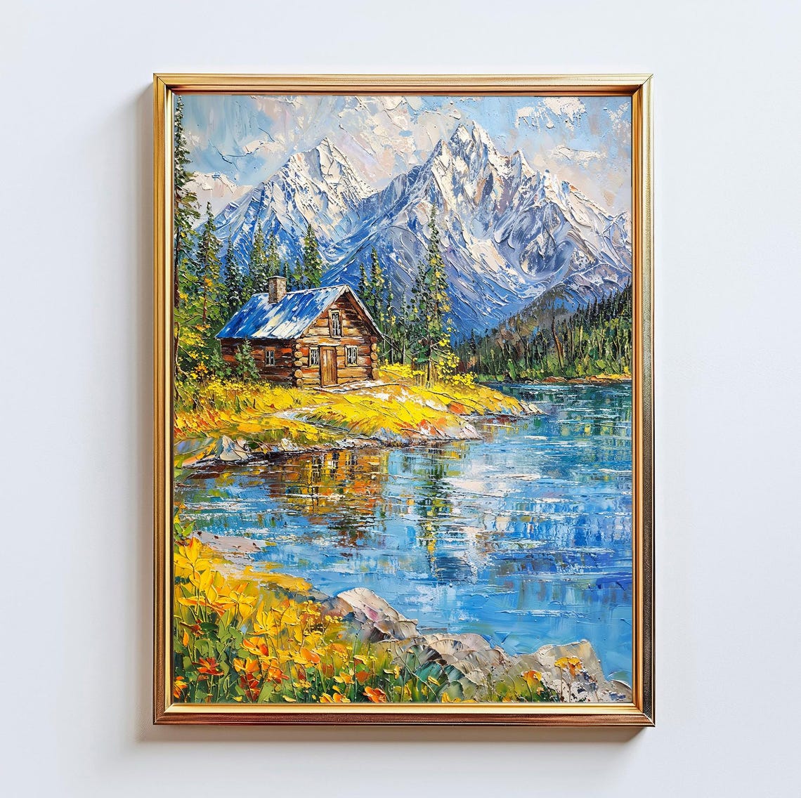 Log Cabin by an Alpine Lake Beneath Snow Capped Mountain Peaks Poster