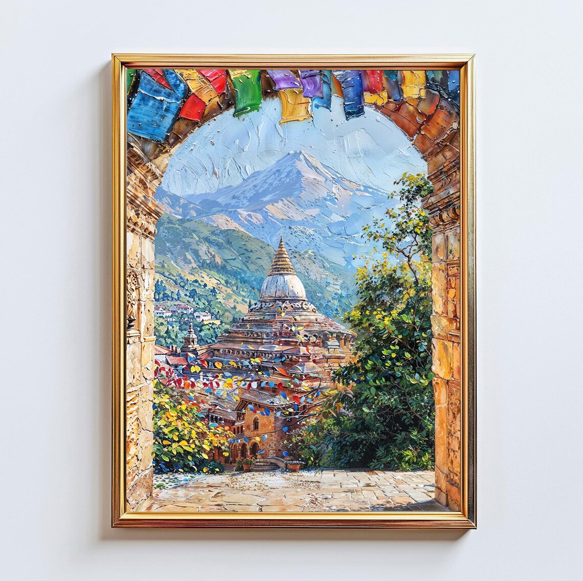 Himalayan Stupa Stone Arch Prayer Flags Mountain Painting Poster