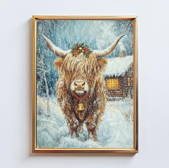 Highland Cow Christmas Snowy Cabin Festive Winter Oil Painting Poster