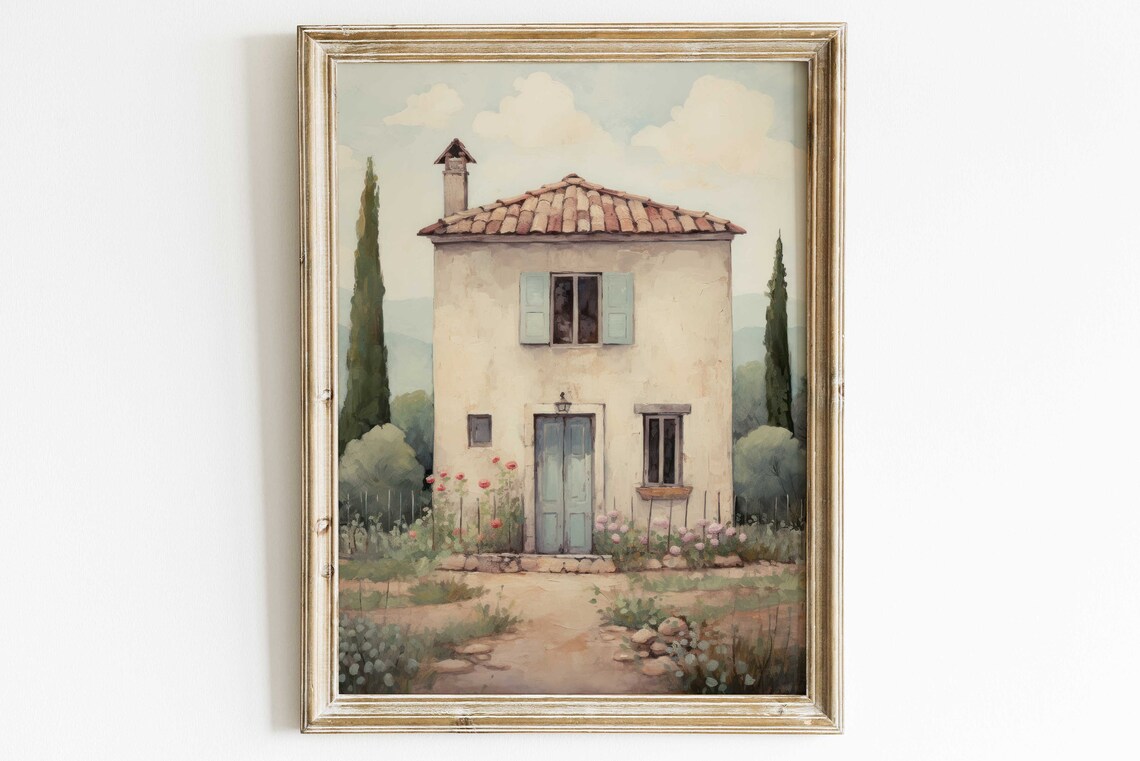 Italian Stone Farmhouse Mediterranean Cypress Garden Country Poster