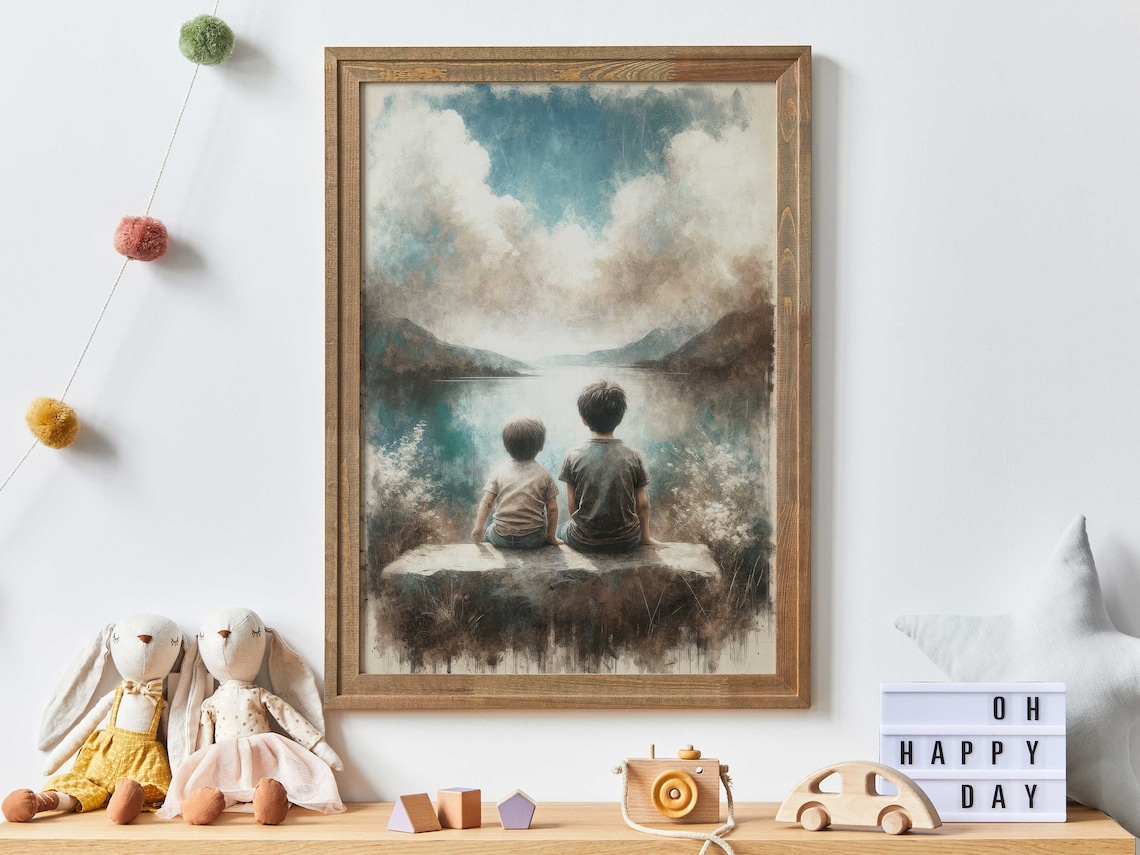 Brothers Adventure Lake Nursery Art Print