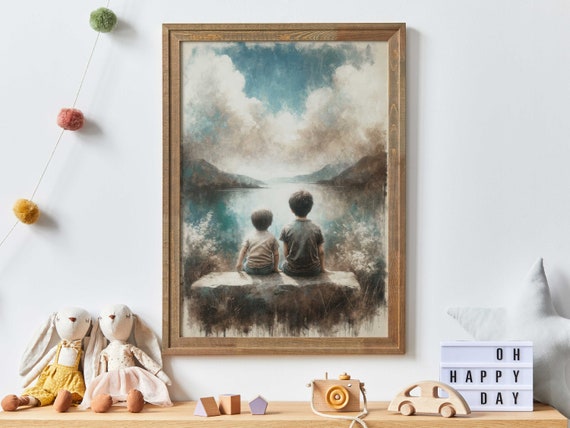 Brothers Adventure Lake Nursery Art Print