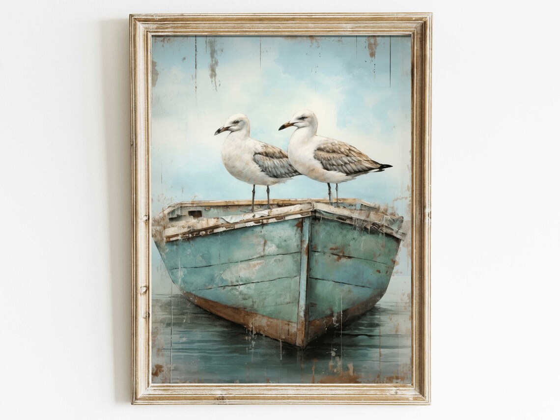 Seagull Sea Bird With Row Boat, Nautical Decor Art Print