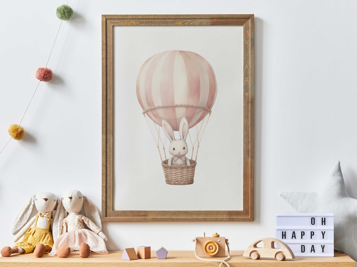 Pink Hot Air Balloon Bunny Nursery Art Print