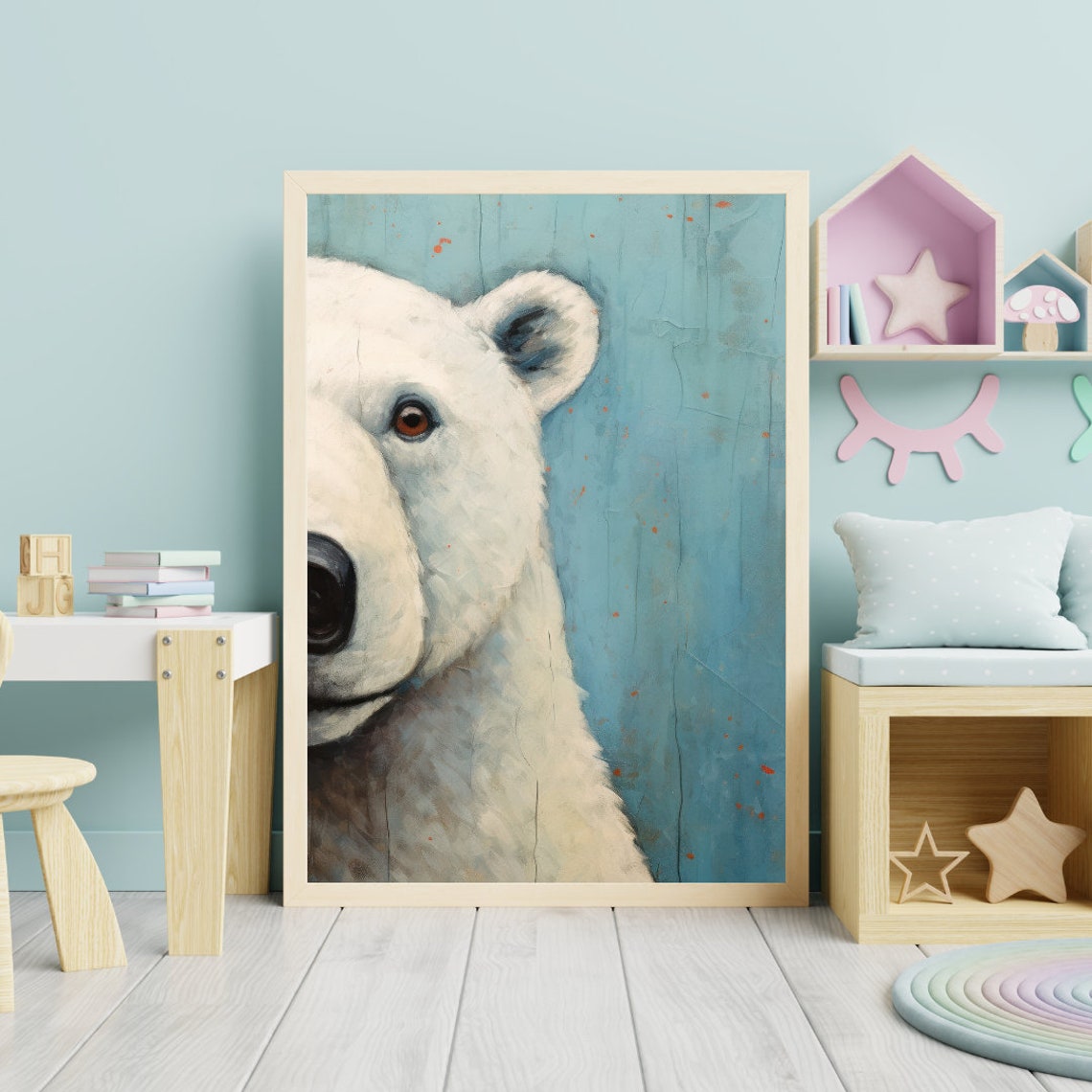 Painted Polar Bear Portrait Against Turquoise Nursery Poster - Image 2
