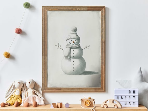 Adorable Snowman In Knit Hat And Scarf Winter Nursery Art Poster
