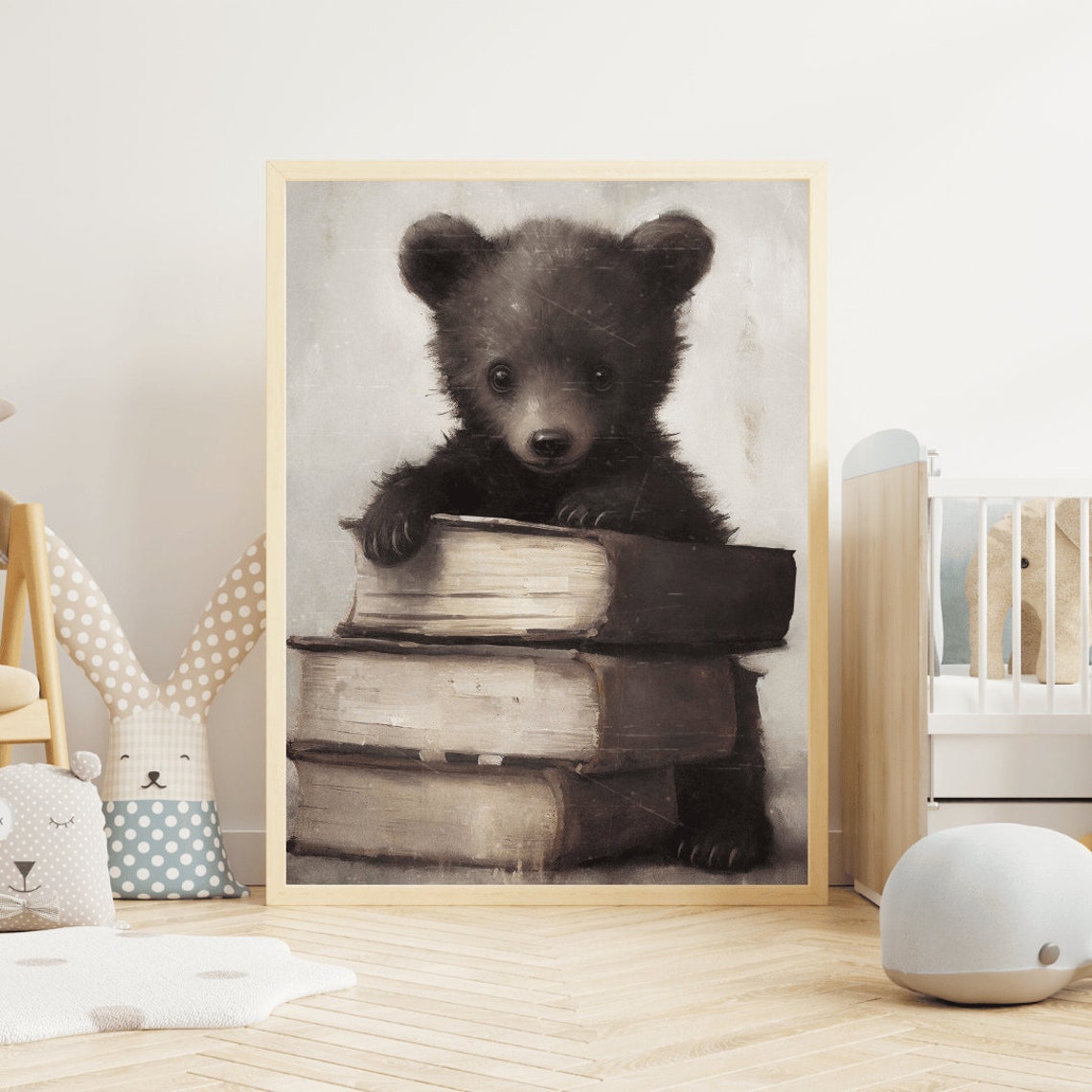 Vintage Bear Cub Resting on Stack of Old Books Nursery Reading Poster - Image 2