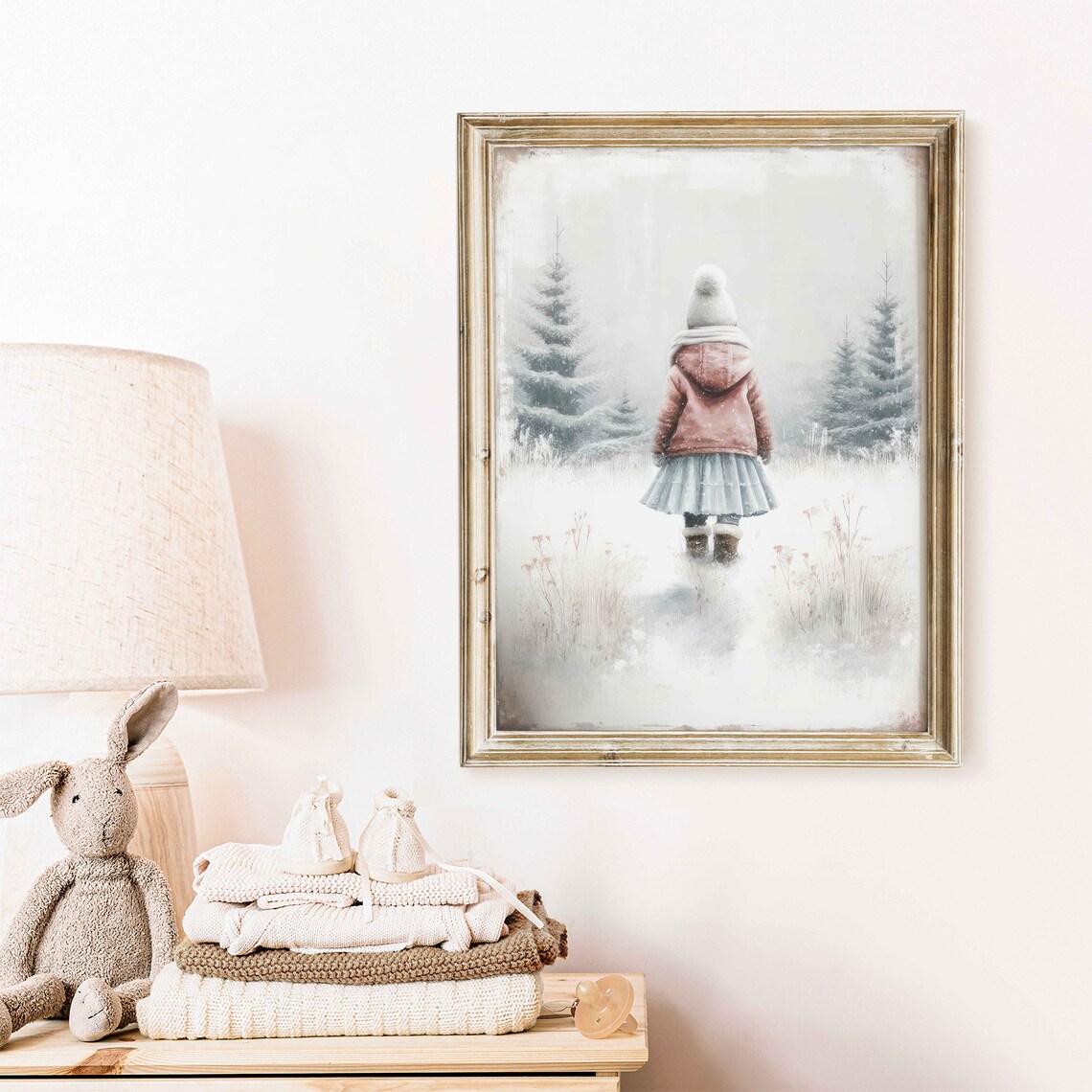 Little Girl In Pink Coat Walking Through Snowy Pine Forest Vintage Print - Image 2