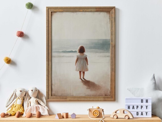 Little Girl at the Beach Gazing at the Ocean Dreamy Kids Wall Poster