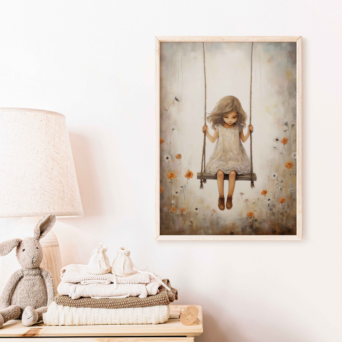 Little Girl On Wooden Swing Among Wildflowers Vintage Style Poster - Image 2