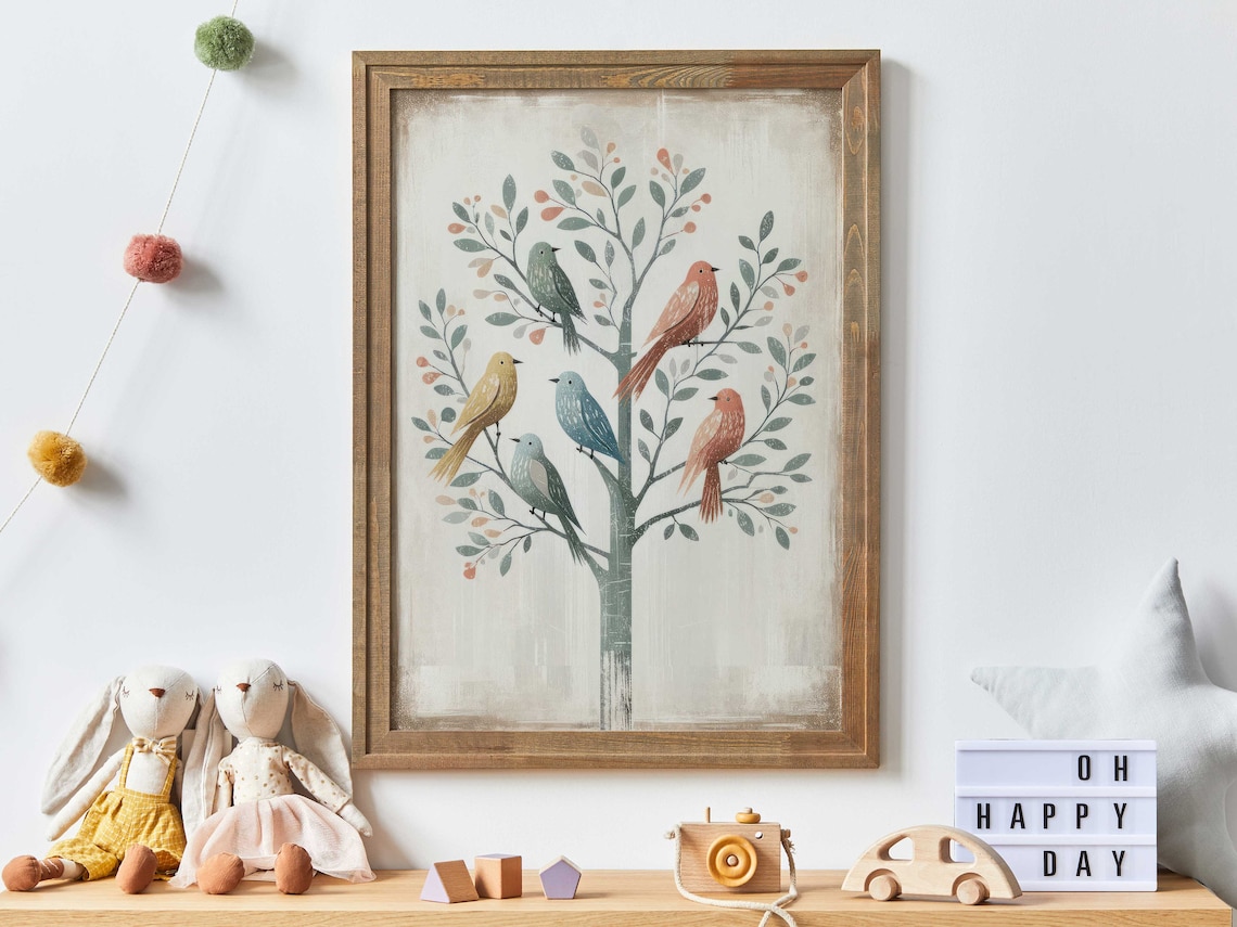 Rustic Bird Vintage Tree Wall Art, Farmhouse Print