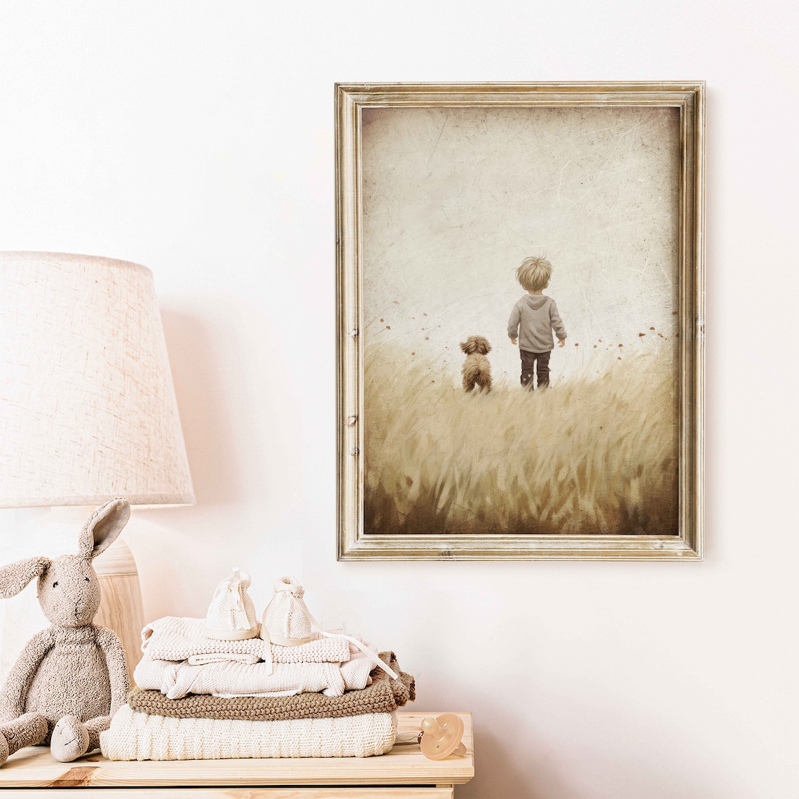 Little Boy and Puppy Walking Through Golden Wheat Field Poster - Image 2