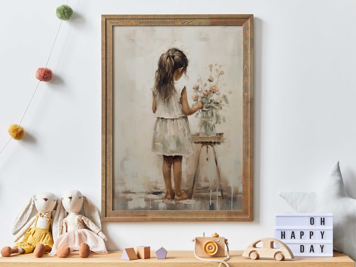 Girl Arranging Flowers In A Vase Vintage Style Floral Nursery Poster