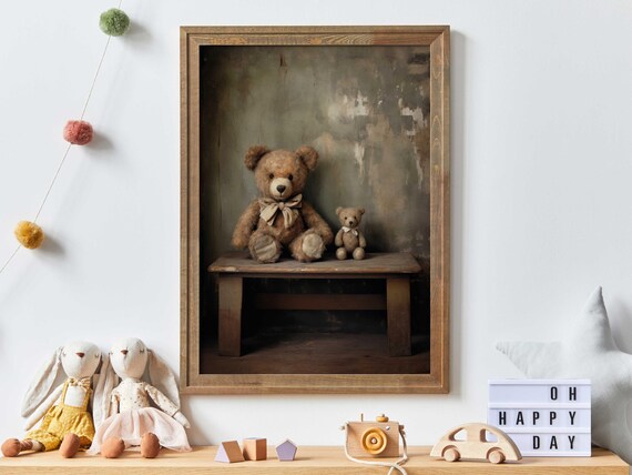 Two Vintage Teddy Bears Sitting on Rustic Wooden Bench Nursery Print