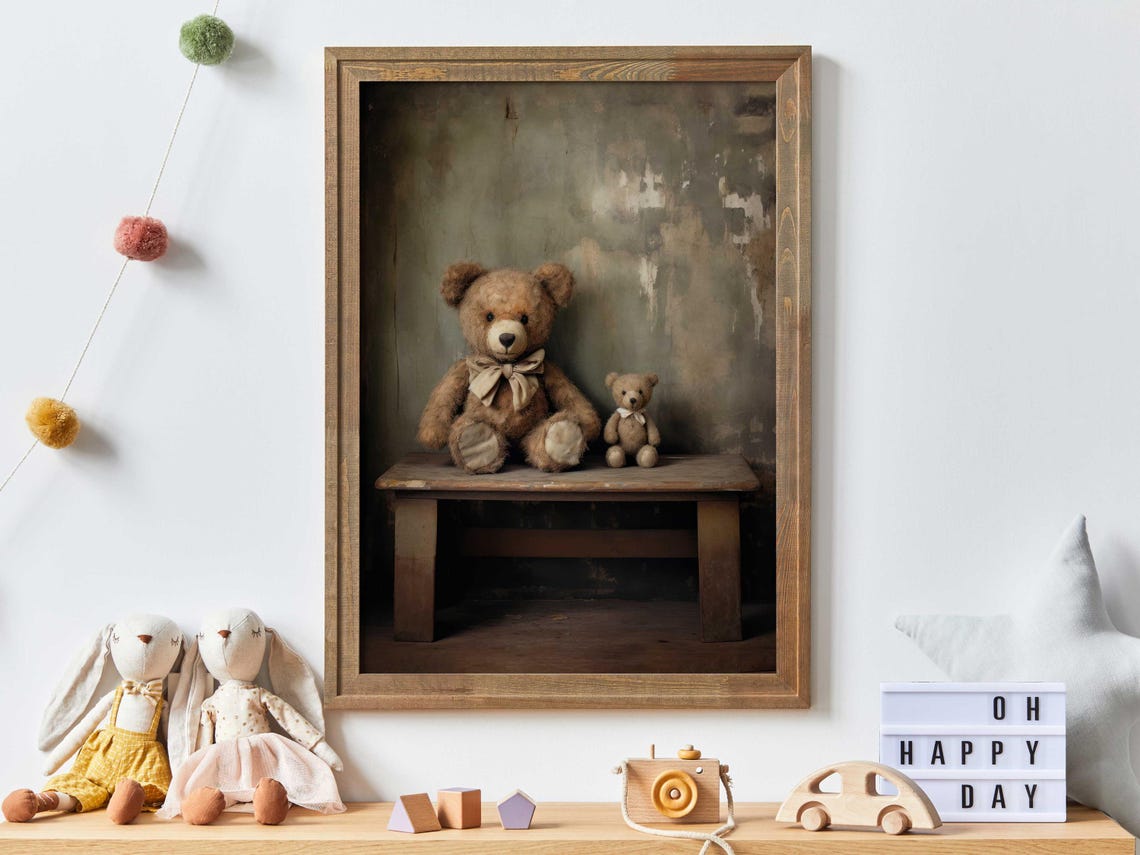 Two Vintage Teddy Bears Sitting on Rustic Wooden Bench Nursery Print