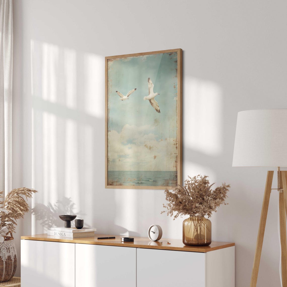 Two Seagulls Flying Over The Ocean Vintage Distressed Coastal Wall Art - Image 2